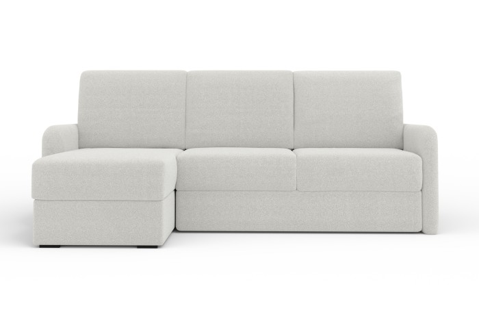 Modernes Ecksofa in Hellgrau mit Ottomane links auf weißem Hintergrund.