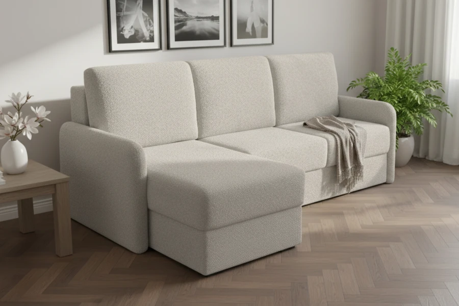 Gemütliches beiges Ecksofa in L-Form im modern eingerichteten Wohnzimmer.