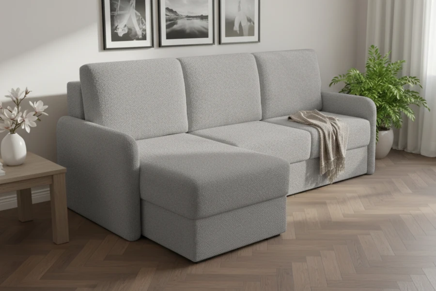 Stilvolles graues Ecksofa im Wohnzimmer mit Parkett und Zimmerpflanze.