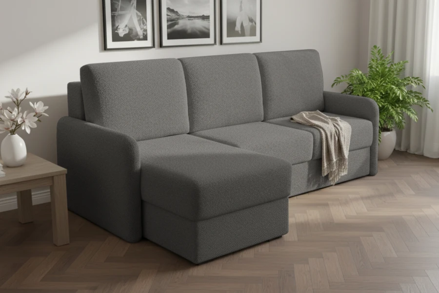 Graues L-Sofa in stilvollem Wohnzimmer mit Parkett und Dekoration