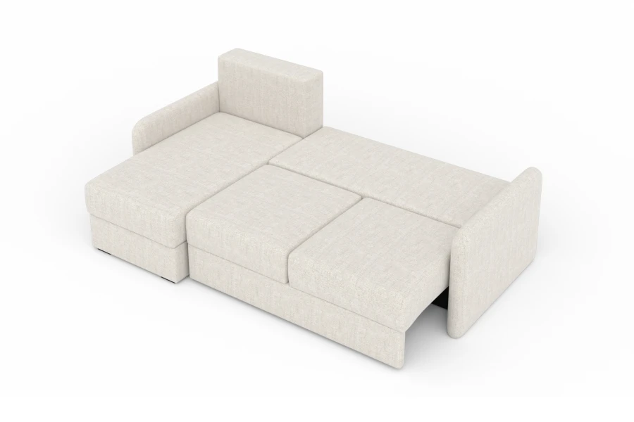 Beiges Schlafsofa vollständig ausgezogen als Gästebett, Ansicht von oben.