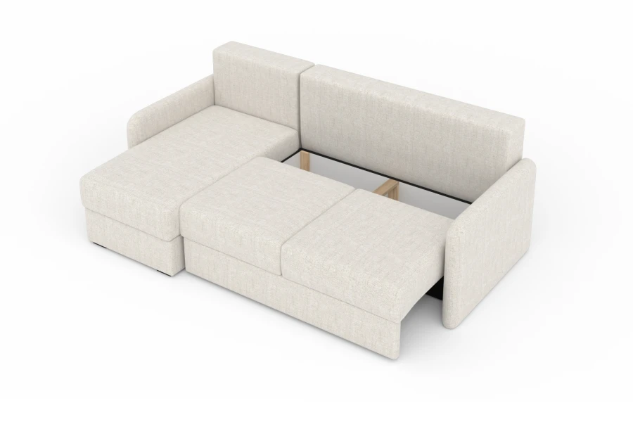 Ecksofa mit Ausziehfunktion, Darstellung des Bettkastens und Mechanismus.