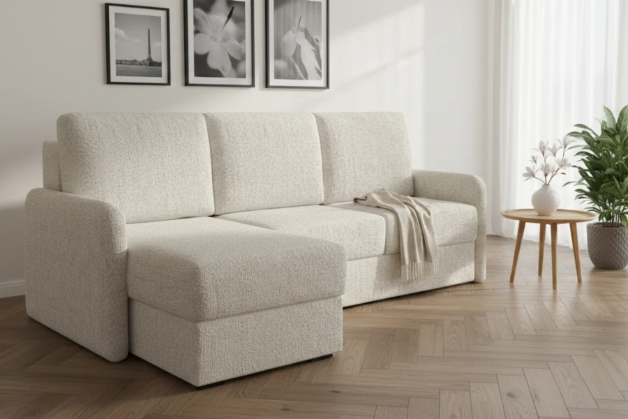 Modernes Ecksofa in Beige im gemütlichen Wohnzimmer-Ambiente.