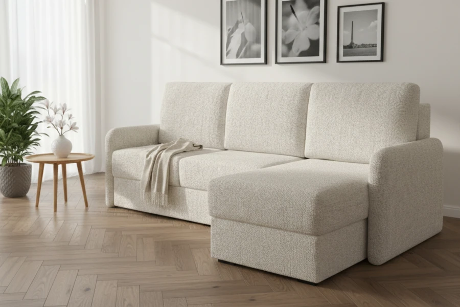 Modernes beiges Ecksofa im hellen Wohnzimmer mit Parkett und Deko