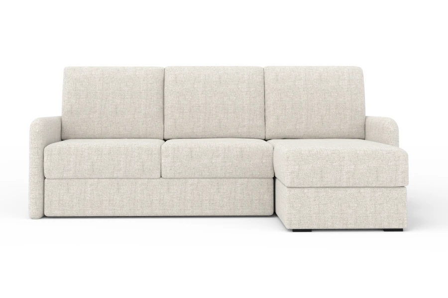 Beiges Sofa in L-Form mit rechtsseitiger Recamiere auf weißem Grund