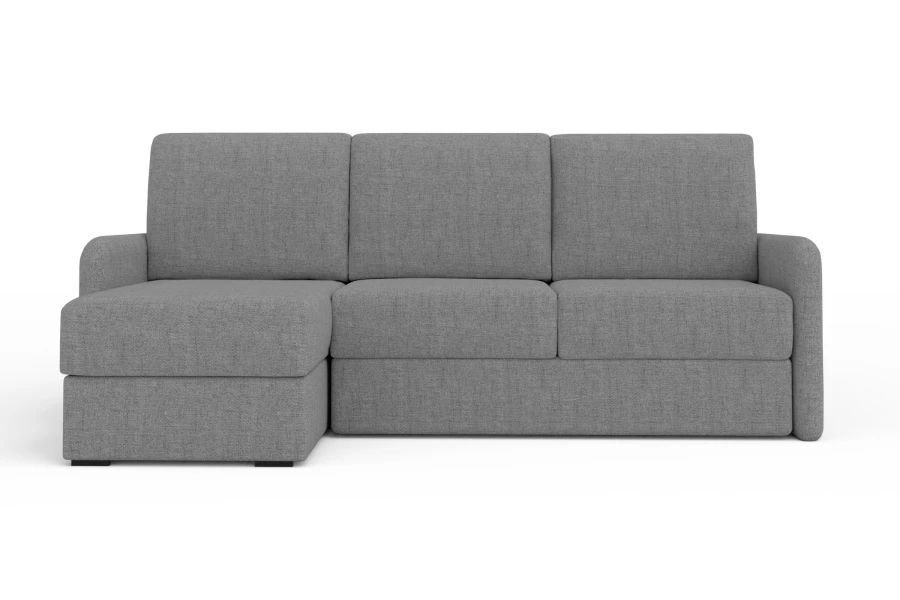 Dunkelgraues Ecksofa mit Recamiere, minimalistische Couch vor weißem Hintergrund.