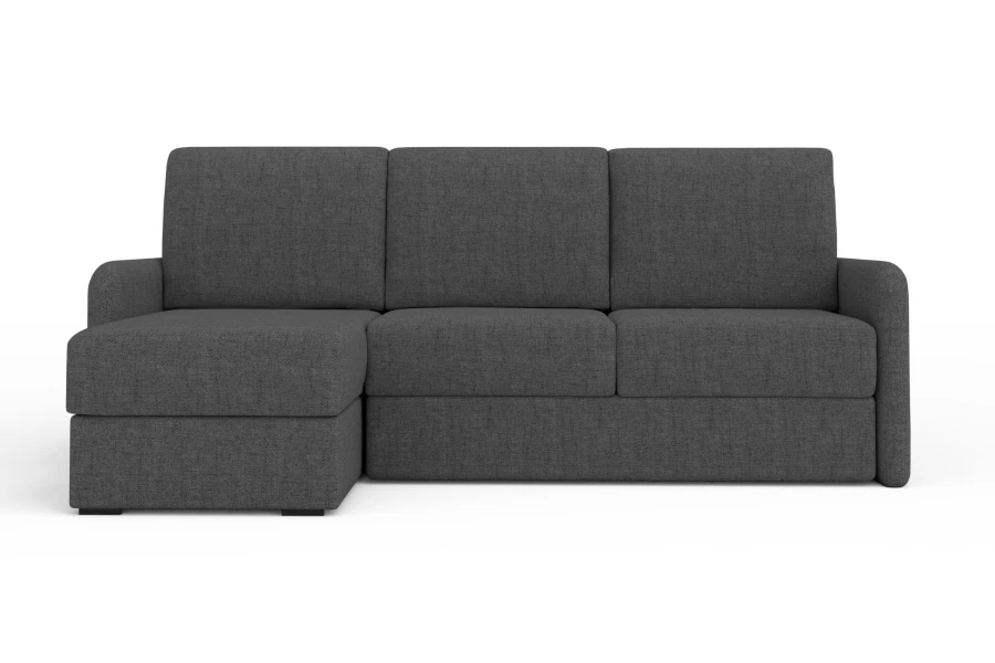Frontansicht eines modernen dunkelgrauen Ecksofas auf weißem Hintergrund.