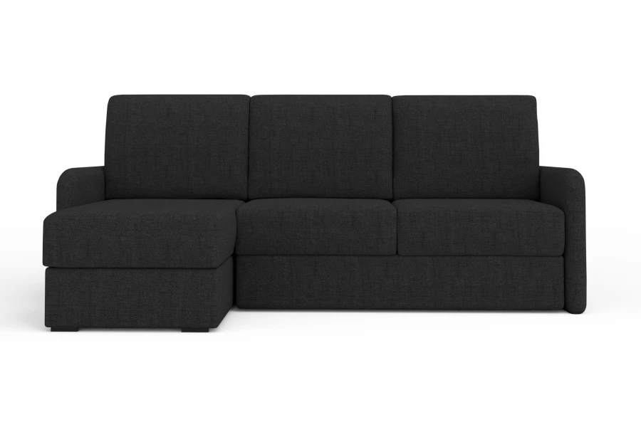 Frontalansicht eines anthrazitfarbenen Sofas auf weißem Hintergrund.