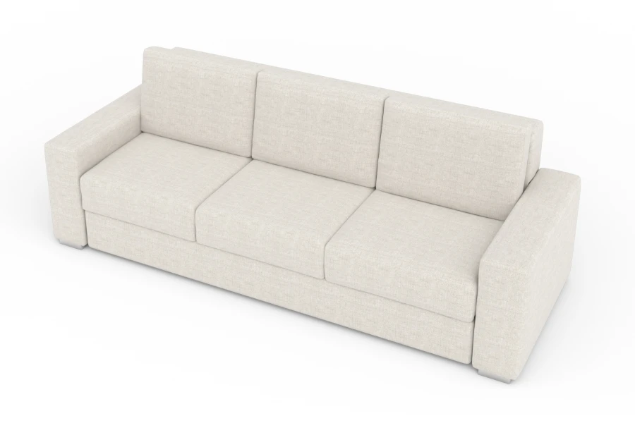 Modernes 3-Sitzer Sofa in hellem Beige mit breiten Armlehnen und meliertem Stoffbezug.