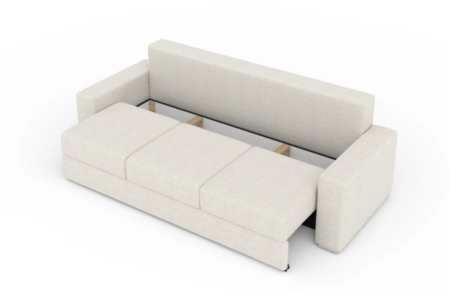 Ausziehbares Schlafsofa in Beige, halb ausgeklappt mit sichtbarem Bettkasten-Mechanismus.