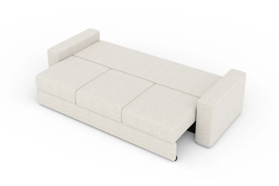 Zum Doppelbett ausgezogenes Schlafsofa in hellem Beige, ideal für Gäste.