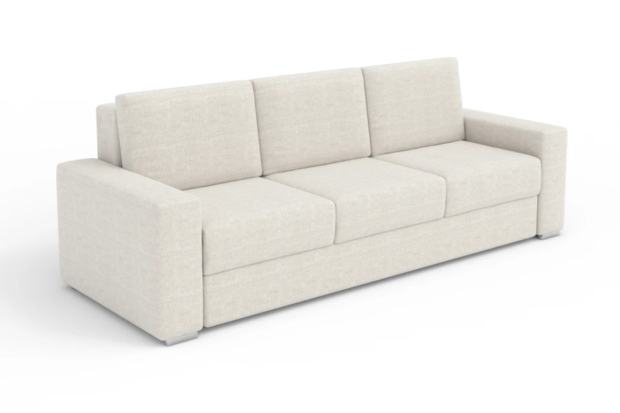 Elegantes 3-Sitzer Sofa in hellem Beige aus der Neve Stoff-Kollektion in Seitenansicht.