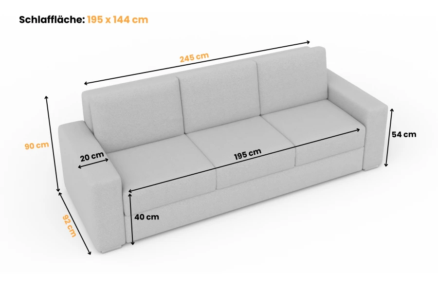 Abmessungen eines beigen 3-Sitzer Schlafsofas mit Schlaffläche 195x144 cm.