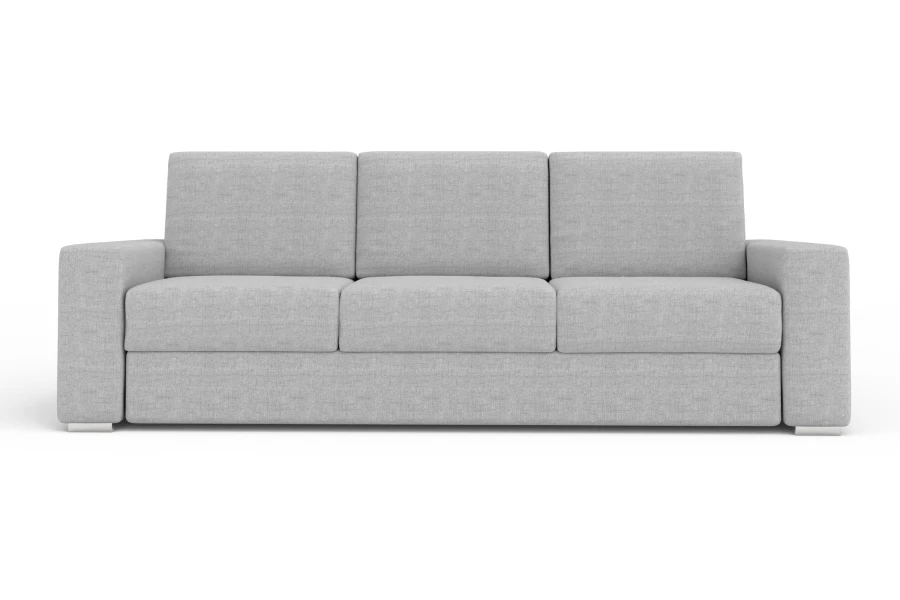 Modernes hellgraues Schlafsofa als 3-Sitzer, freigestellt auf weiß.