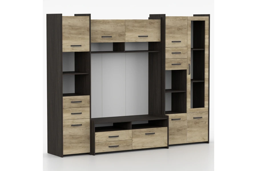 Große Schrankwand für das Wohnzimmer in dunkler Holzoptik und hellem Eichendekor.
