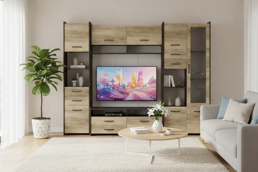 Stilvoll eingerichtetes Wohnzimmer mit großer Wohnwand, Fernseher und grauem Sofa.