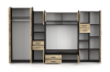 Geöffnete Wohnwand mit Kleiderschrank zeigt Stauraum, Fächer und Kleiderstange im Detail.