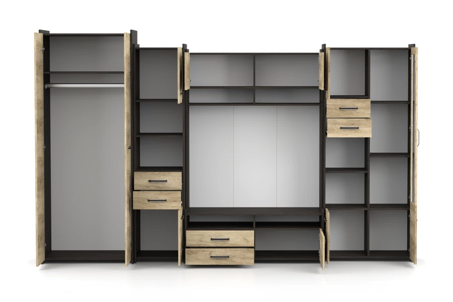 Geöffnete Wohnwand mit Kleiderschrank zeigt Stauraum, Fächer und Kleiderstange im Detail.