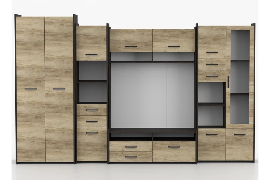 Frontansicht der kompletten Wohnwand-Kombination in Eiche und Wenge für das Wohnzimmer.