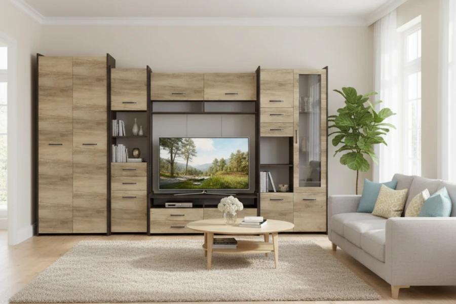 Moderne Wohnwand in Eiche-Optik mit TV-Board in einem hellen Wohnzimmer mit grauem Sofa.