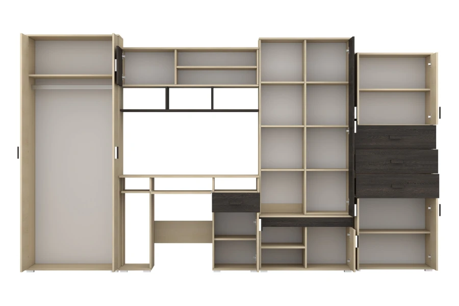 Wohnwand-Kombination mit offenem Kleiderschrank und Regalen, Stauraum für Jugendzimmer