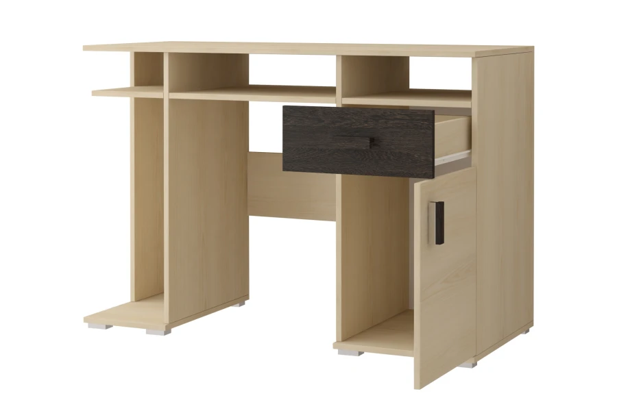 Moderner Schreibtisch in Eiche hell mit dunkler Schublade und integrierten Regalfächern für das Home-Office.