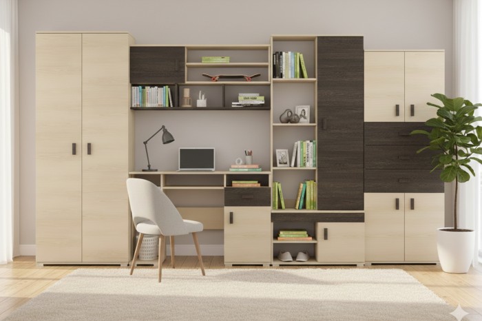 Komplettes Jugendzimmer-Set mit Schrankwand, Schreibtisch und Regalen in modernem Design.