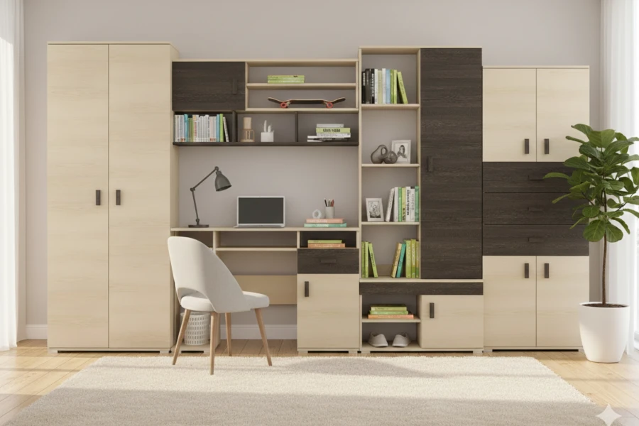 Komplette Wohnwand mit Schreibtisch, Kleiderschrank und Regalen in Eiche-Optik für Jugend- oder Arbeitszimmer.