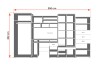 Technische Skizze einer großen Wohnwand mit Maßen: 350 cm Breite und 202 cm Höhe, inklusive Schreibtisch.
