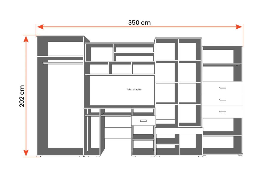 Technische Skizze einer großen Wohnwand mit Maßen: 350 cm Breite und 202 cm Höhe, inklusive Schreibtisch.