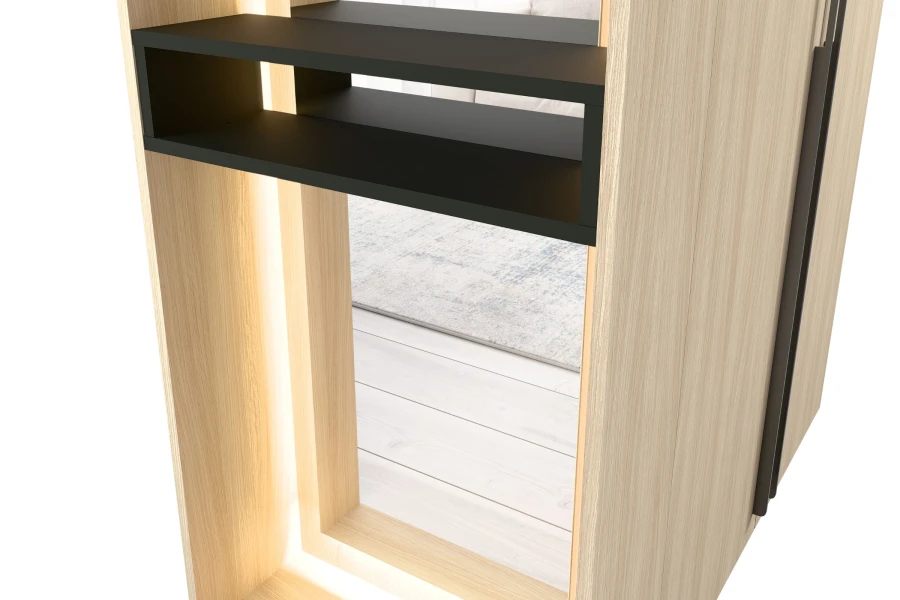 Detailansicht eines beleuchteten Holzregals mit integriertem schwarzem Fach.