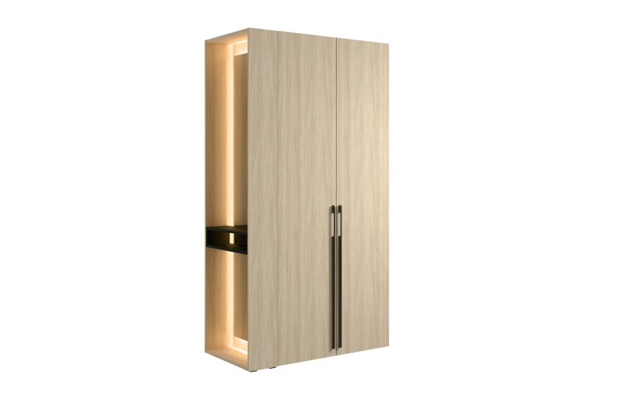 Moderner Holz-Garderobenschrank mit LED-Beleuchtung, freigestellt auf weißem Hintergrund.