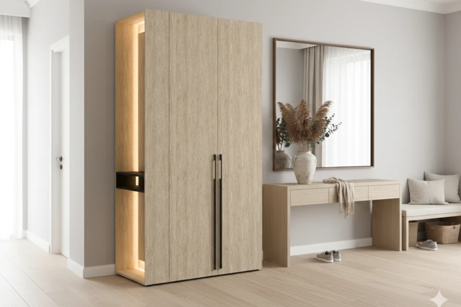 Heller Flurschrank mit Beleuchtung neben Konsole und Spiegel in modernem Eingangsbereich.