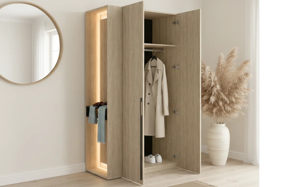 Offener Kleiderschrank aus Eiche mit Kleiderstange und hellem Mantel im stilvollen Flur.