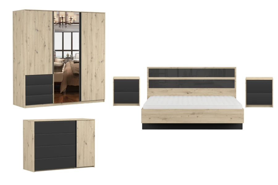 Modernes Schlafzimmer-Set in Eiche-Optik und Anthrazit bestehend aus Schrank, Bett und Kommoden.