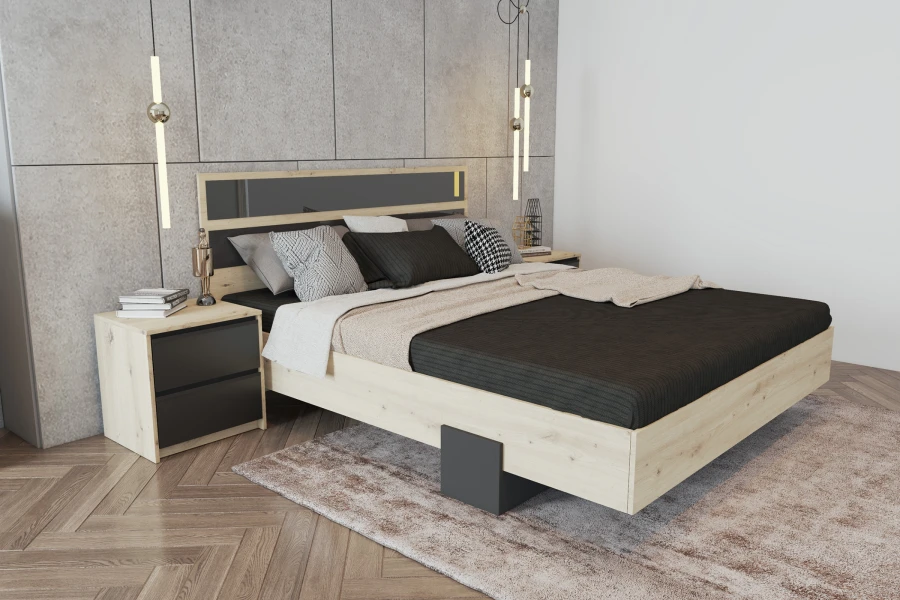 Modernes Doppelbett in Eiche und Anthrazit mit gemütlicher Dekoration in einem hellen Schlafzimmer.