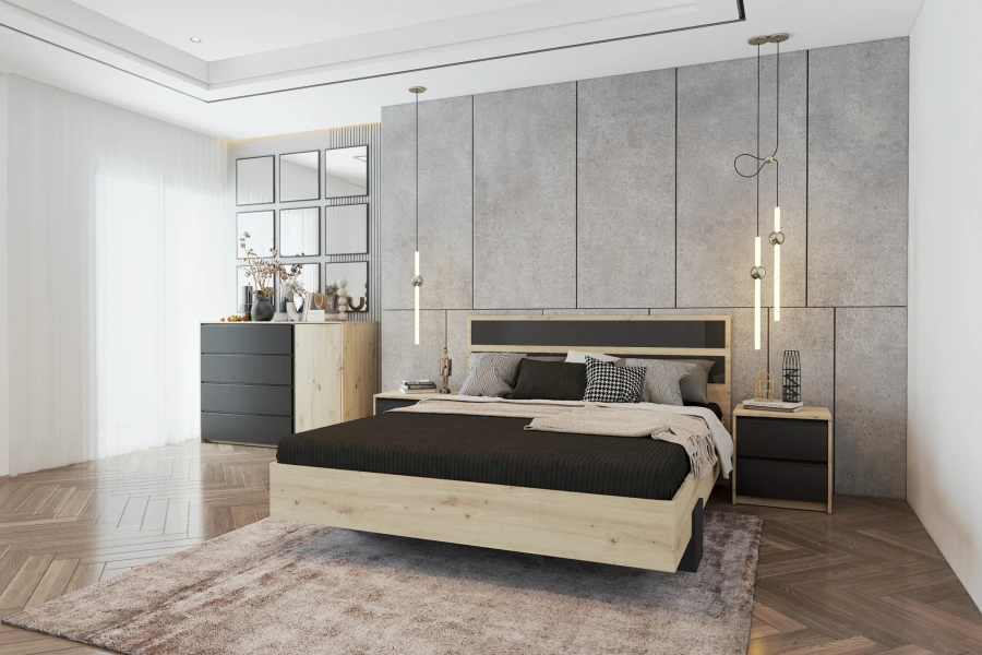Stilvoll eingerichtetes Schlafzimmer mit Möbeln in Eiche-Optik vor einer modernen grauen Wand.