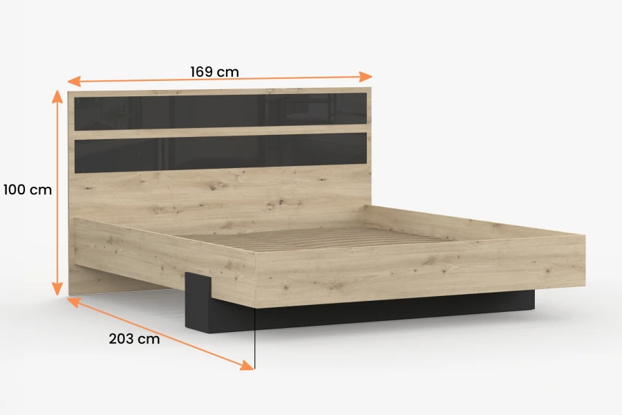 Abmessungen des Bettgestells in Eiche und Anthrazit: 169 cm x 203 cm x 100 cm.