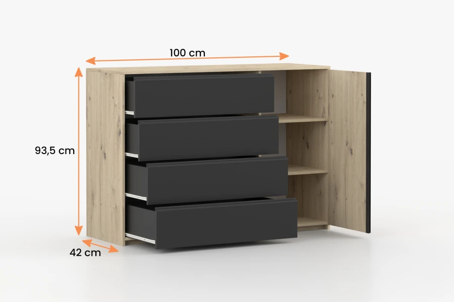 Sideboard Eiche-Dekor mit 4 anthrazitfarbenen Schubladen und Tür, Maße: 100x93,5x42 cm.