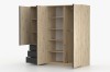 Innenansicht Kleiderschrank Eiche-Optik mit Fächern, Kleiderstange und 3 Schubladen.
