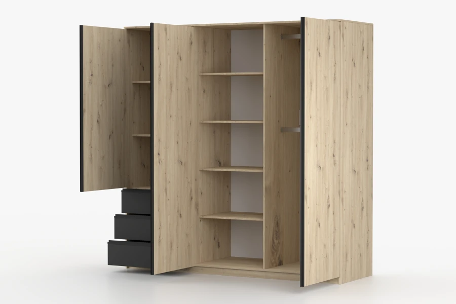 Innenansicht Kleiderschrank Eiche-Optik mit Fächern, Kleiderstange und 3 Schubladen.