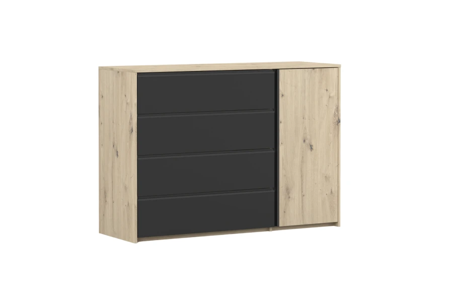 Sideboard Kommode in Eiche-Optik mit vier Schubladen in Anthrazit, moderne Ansicht.
