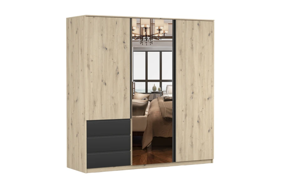 Moderner Kleiderschrank in Eiche mit großem Spiegel und anthrazitfarbenen Schubladen.