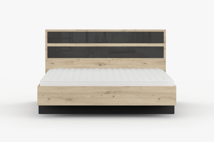 Doppelbett mit Eiche-Rahmen, modernem Kopfteil in Anthrazit und weißer Matratze.