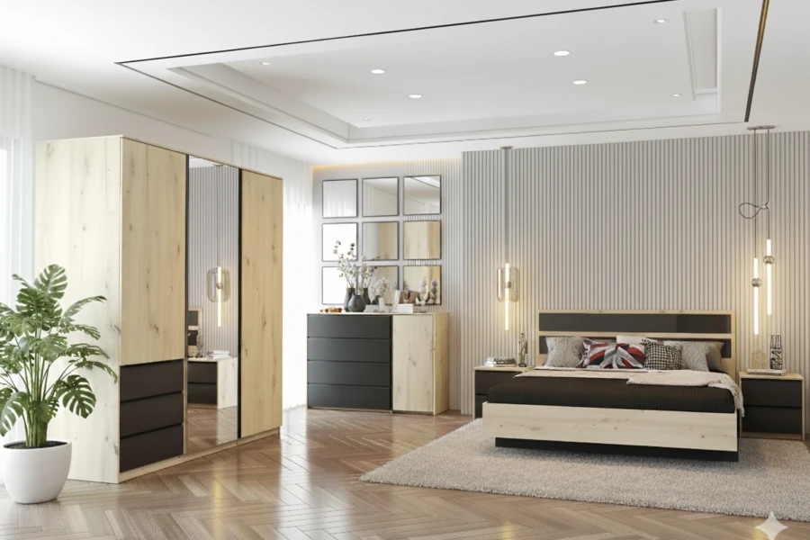 Modernes Schlafzimmer-Set mit Holzschrank, Bett und Kommode in Eiche und Schwarz.