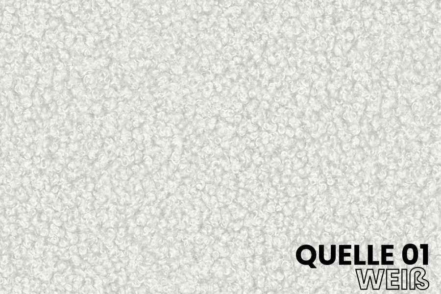 Stoffmuster Quelle 01 in Weiß: Detailaufnahme einer weichen Bouclé-Textur für Polstermöbel.