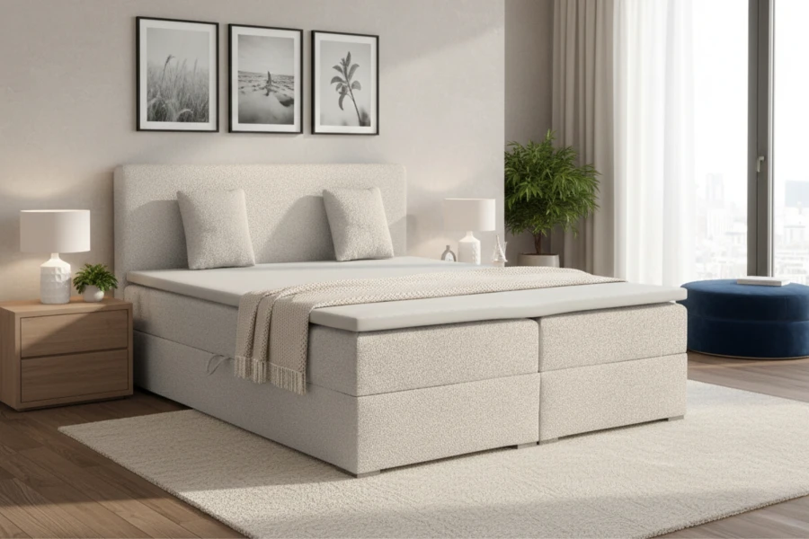 Beiges Boxspringbett im Schlafzimmer-Setting mit passender Dekoration und gemütlicher Atmosphäre.