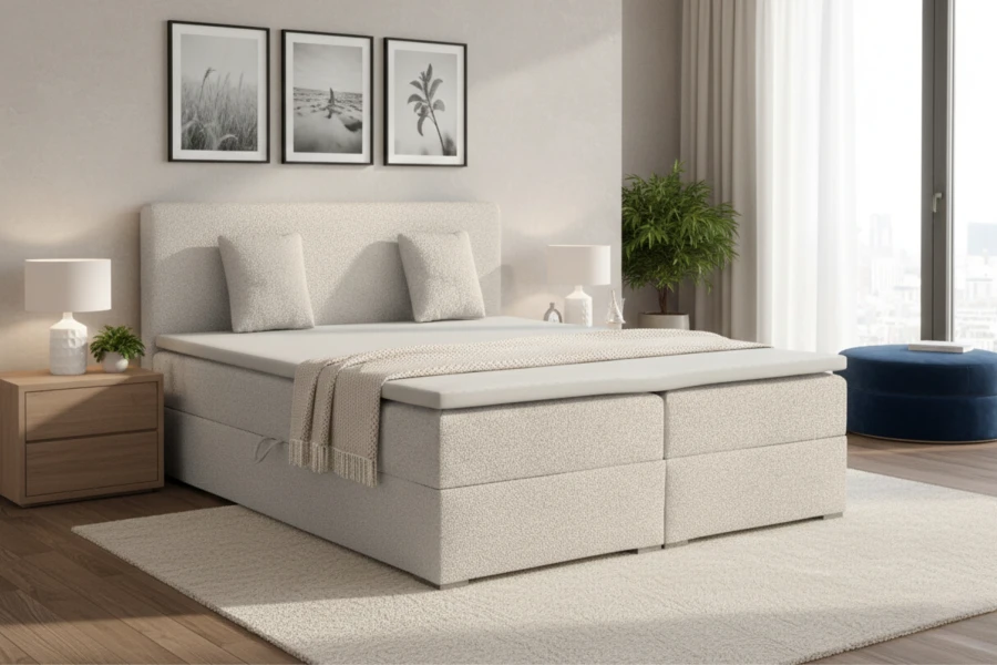 Gemütliches Schlafzimmer mit modernem Boxspringbett in Beige