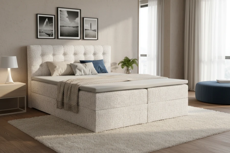 Elegantes beiges Boxspringbett mit gestepptem Kopfteil im modernem Schlafzimmer.