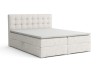Modernes hellgraues Boxspringbett mit gestepptem Kopfteil und weißem Topper.